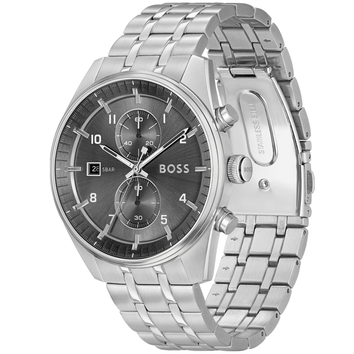 Chronographenarmbanduhr mit grauem Zifferblatt, Edelstahlarmband und Tachymeter auf Lünette
