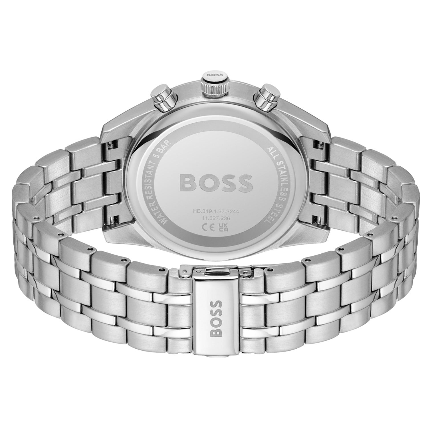 Rückseite einer Herrenarmbanduhr mit Edelstahlarmband und Schließe, runder Gehäuseboden