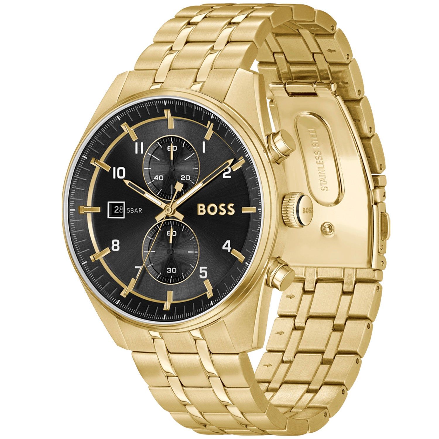 BOSS Quarzarmbanduhr: goldfarbenes Gehäuse, Metallarmband, schwarzes Chronograph-Zifferblatt
