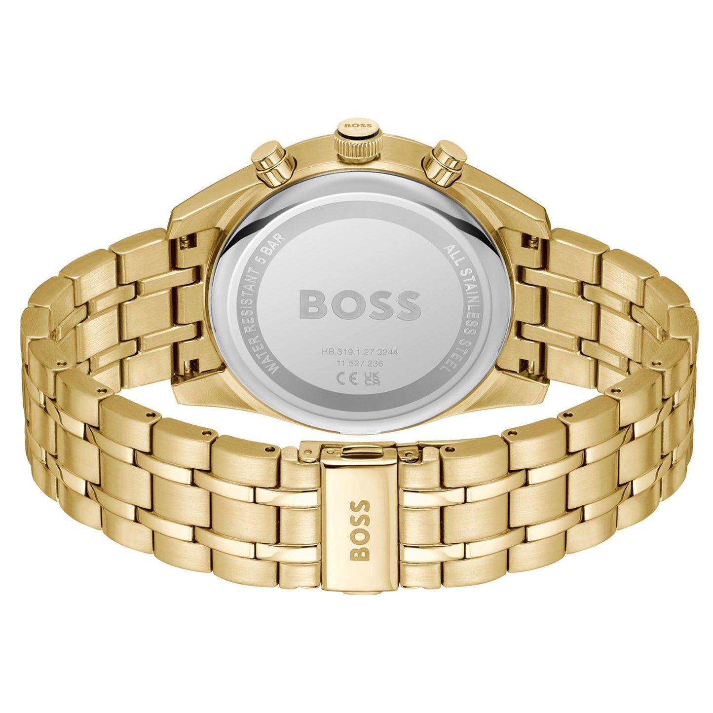 BOSS Armbanduhr-Rückseite mit goldfarbenem Metallarmband und verschraubtem Gehäuse