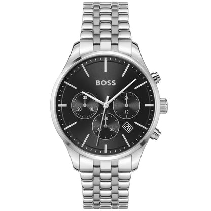 Herren-Chronograph-Armbanduhr: schwarzes Zifferblatt, Edelstahlarmband, Mineralglas
