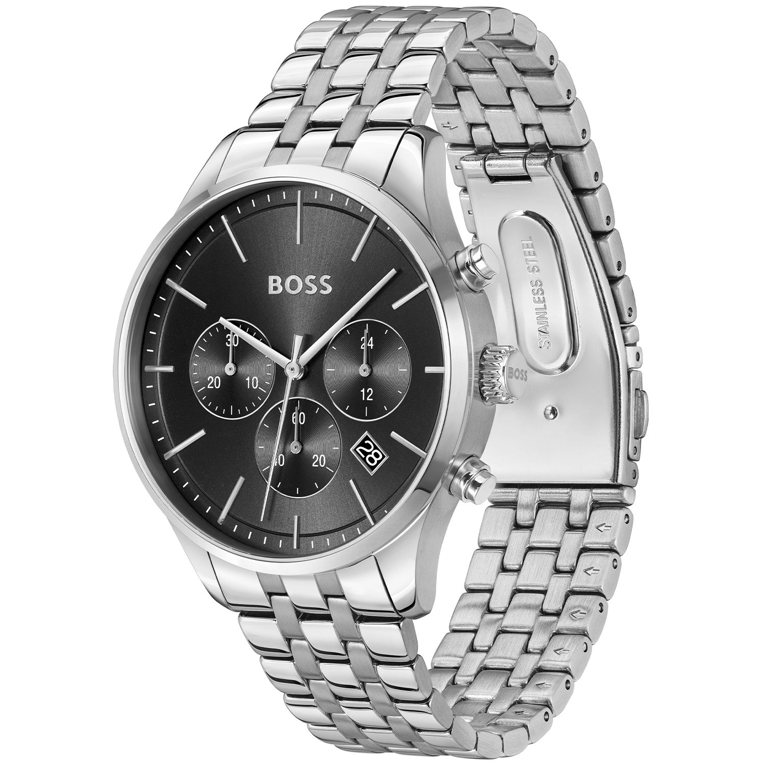 BOSS Chronograph-Armbanduhr mit schwarzem Zifferblatt, Edelstahlgehäuse und -armband