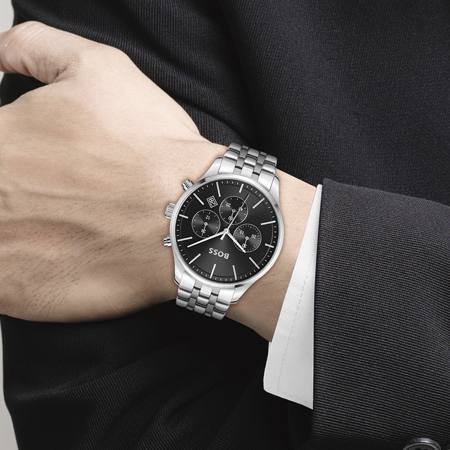 BOSS Herrenarmbanduhr am Handgelenk, schwarzes Zifferblatt, Edelstahlchronograph