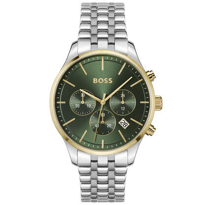 BOSS Herrenarmbanduhr mit grünem Chronographenzifferblatt und silbernem Metallarmband