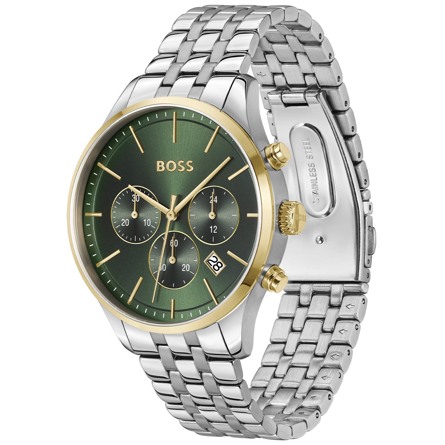 BOSS Herrenarmbanduhr mit grünem Zifferblatt, silbernem Edelstahlband und goldenen Drückern