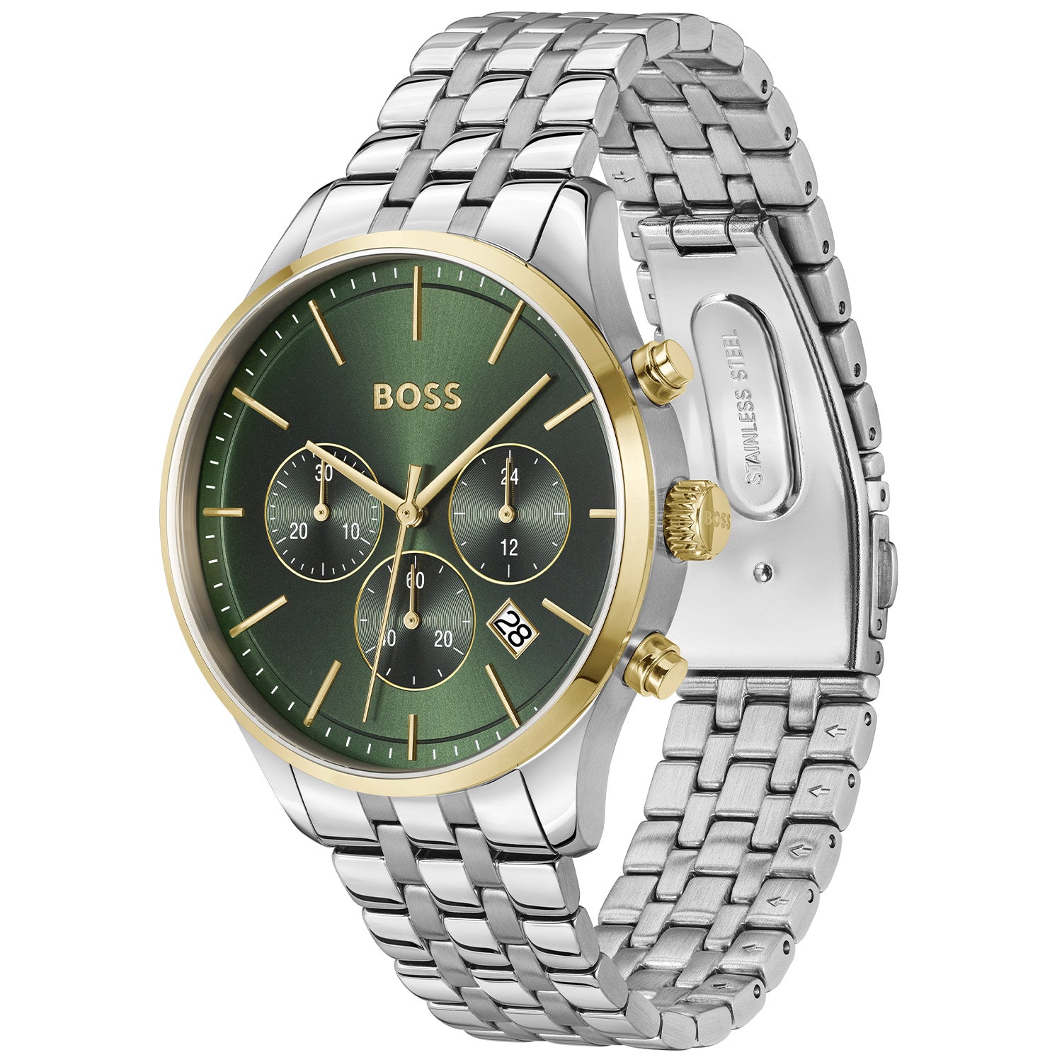 BOSS Herrenarmbanduhr mit grünem Zifferblatt, silbernem Edelstahlband und goldenen Drückern