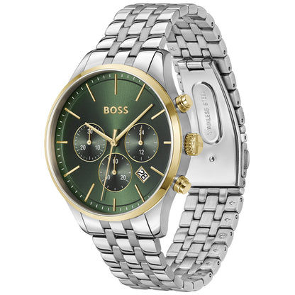 BOSS Herrenarmbanduhr mit grünem Zifferblatt, silbernem Edelstahlband und goldenen Drückern