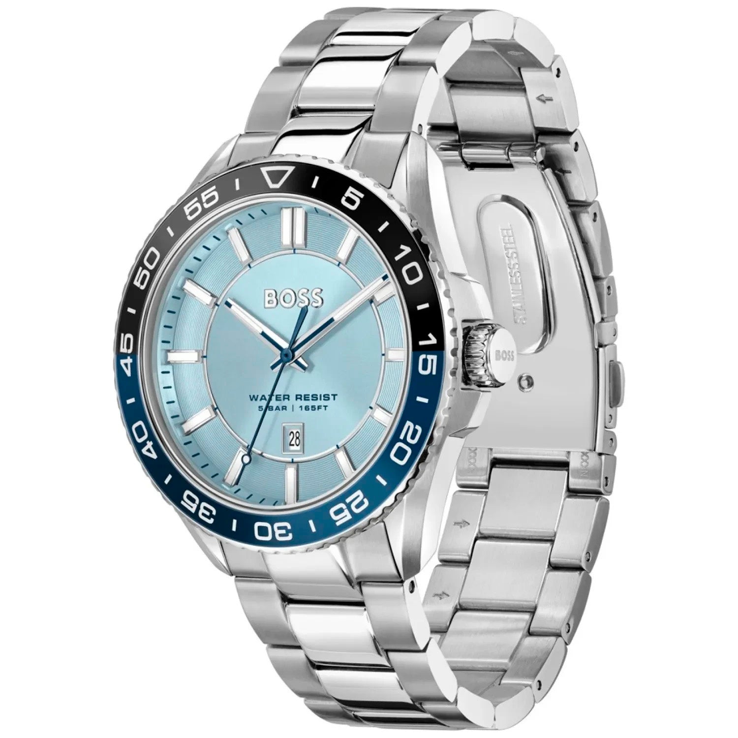 BOSS Herren-Armbanduhr mit silbernem Edelstahlgehäuse, blauem Zifferblatt und Datumsfenster