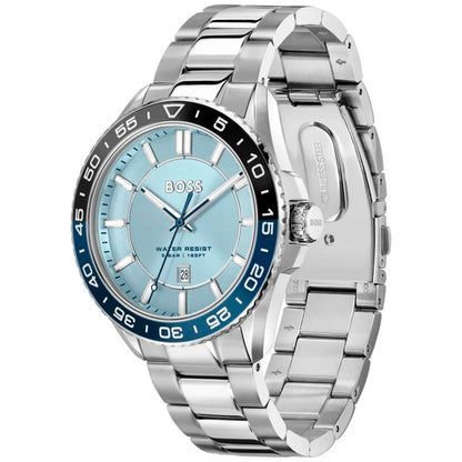 BOSS Herren-Armbanduhr mit silbernem Edelstahlgehäuse, blauem Zifferblatt und Datumsfenster