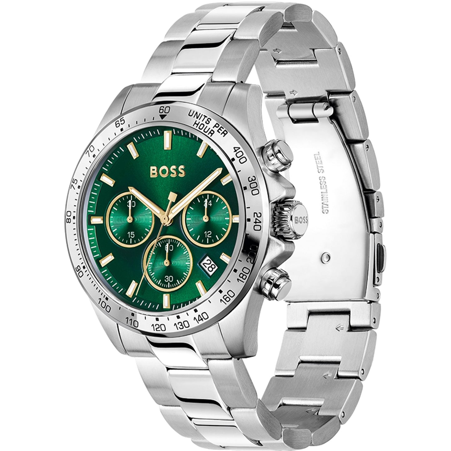 Chronograph-Armbanduhr BOSS Hero mit grünem Zifferblatt, drei Zählern und Edelstahlgehäuse