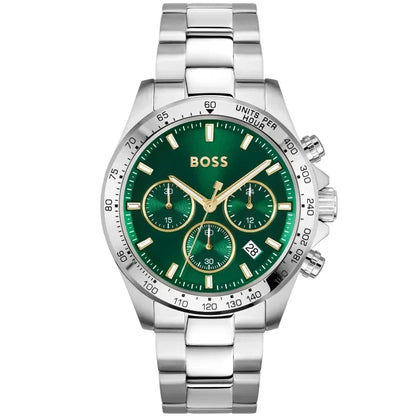 BOSS Herrenarmbanduhr mit grünem Chronographenzifferblatt, Edelstahlband und Mineralglas