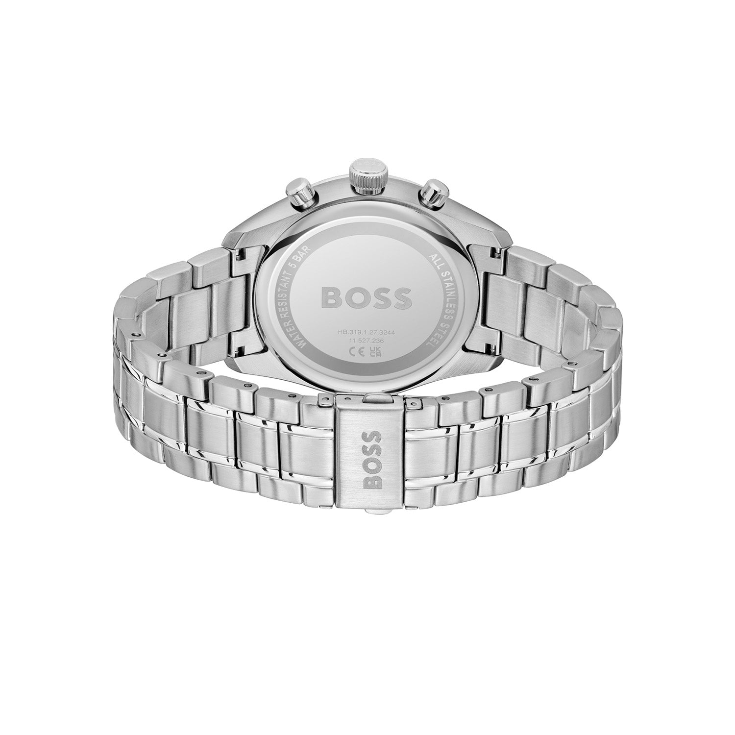 Rückseite des Herren-Chronographen mit Edelstahlarmband und Klappverschluss