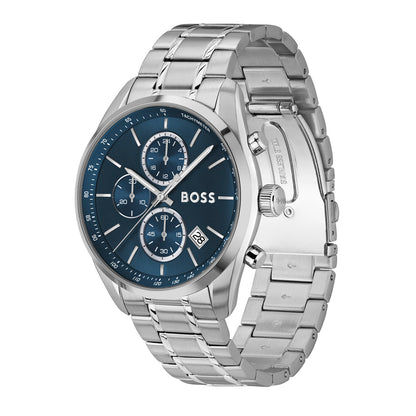 Herren-Chronograph seitlich mit blauem Zifferblatt und Edelstahlarmband