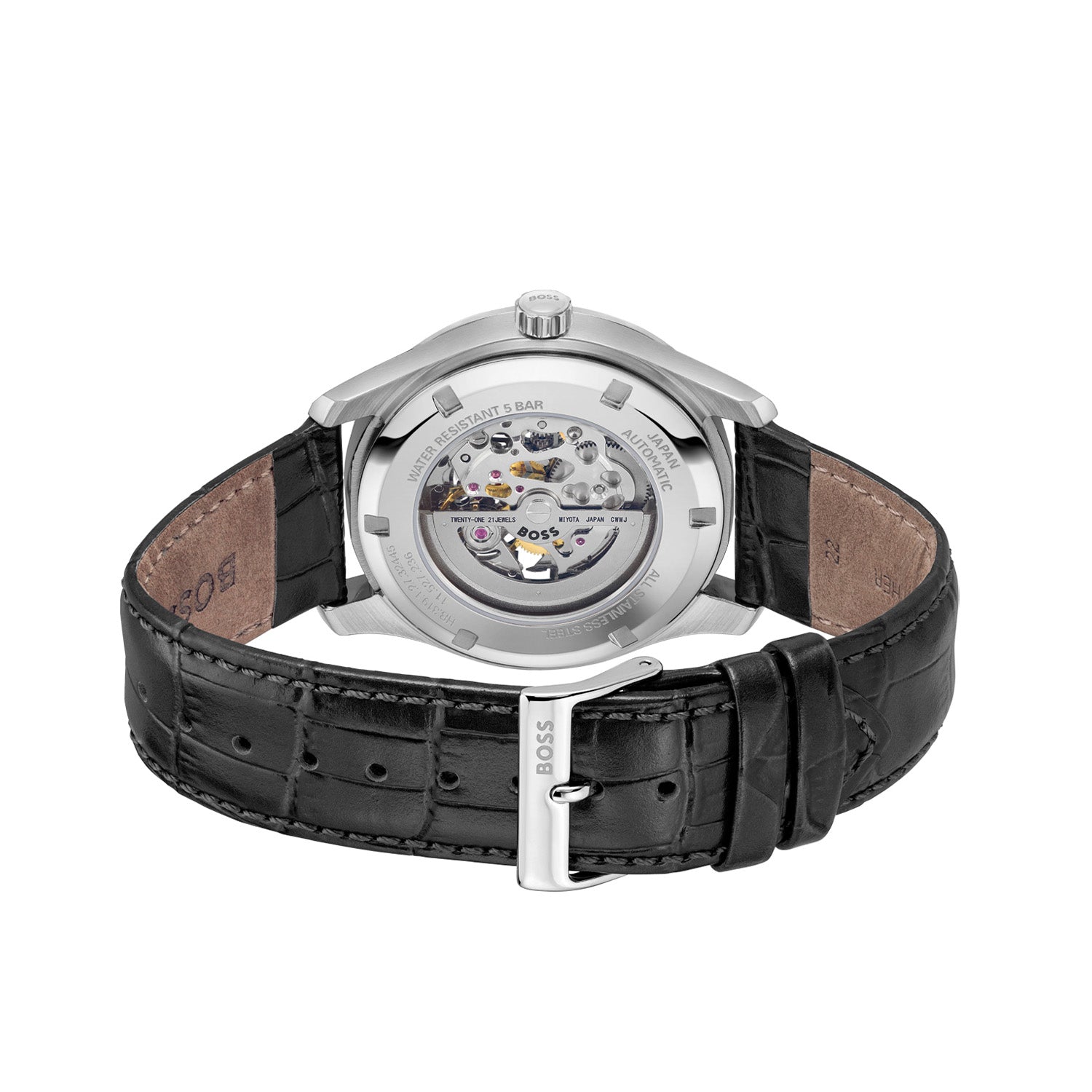 BOSS Herrenarmbanduhr mit schwarzem Lederband, Gehäuserückseite mit sichtbarem Werk.