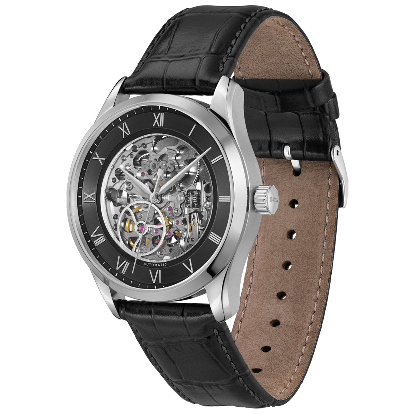 BOSS Herrenarmbanduhr, schwarzes Skelettzifferblatt mit römischen Ziffern, schwarzes Lederarmband.