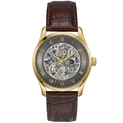 BOSS Automatik-Uhr mit Skelettzifferblatt, goldfarbenem Gehäuse und braunem Lederarmband