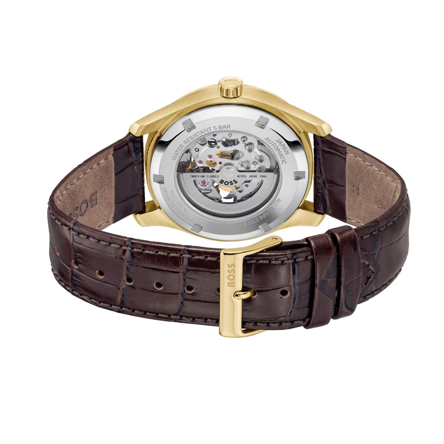 Herrenarmbanduhr mit Sichtboden, skelettierter Mechanik und braunem Lederband