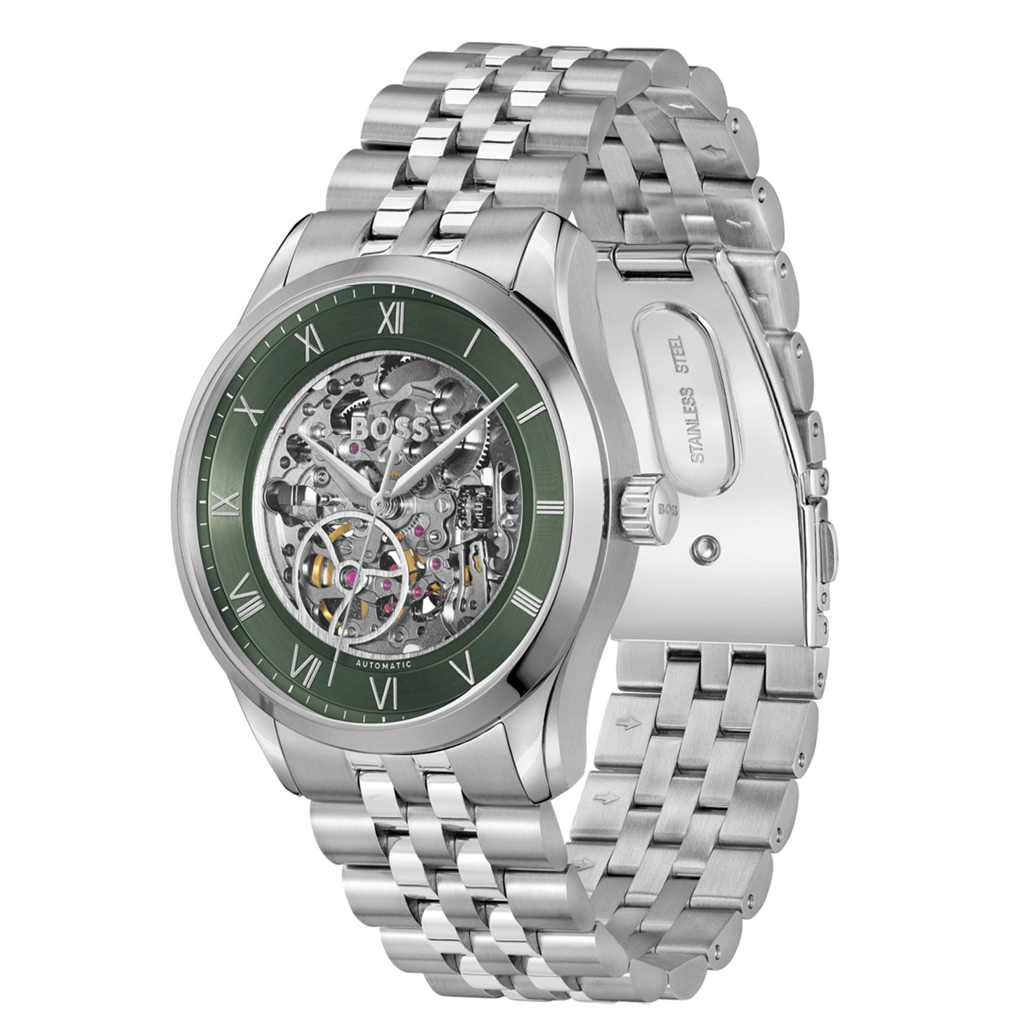 Herren-Armbanduhr mit grünem skelettiertem Zifferblatt, Edelstahlarmband und Krone