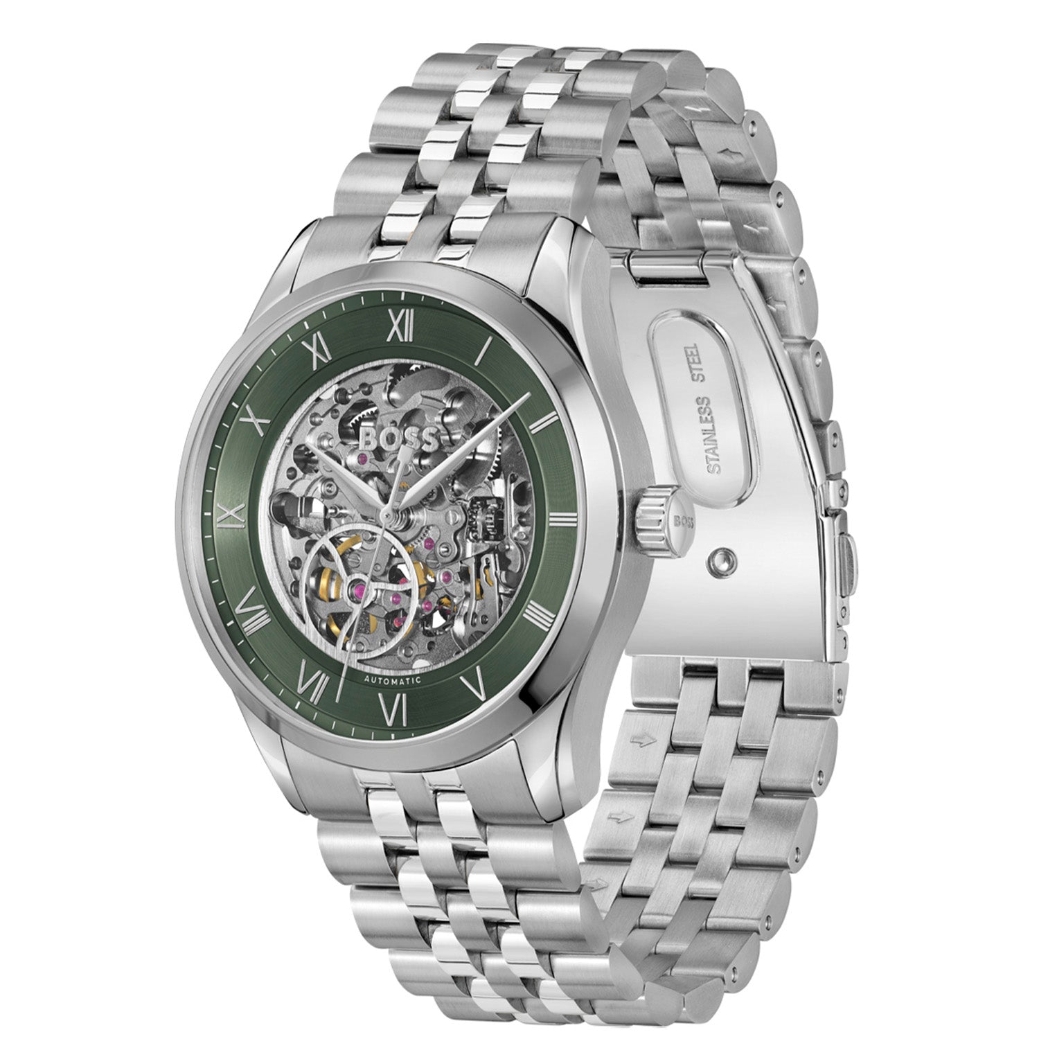 Herren-Armbanduhr mit grünem skelettiertem Zifferblatt, Edelstahlarmband und Krone