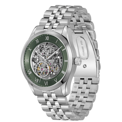 Herren-Armbanduhr mit grünem skelettiertem Zifferblatt, Edelstahlarmband und Krone