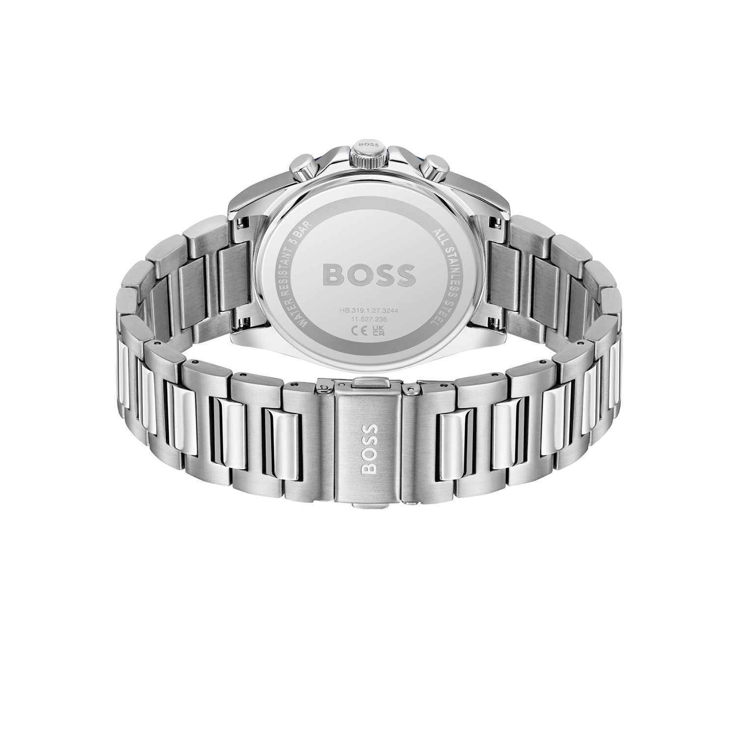 Chronograph-Armbanduhr Rückansicht, Edelstahlarmband, verschraubter Boden