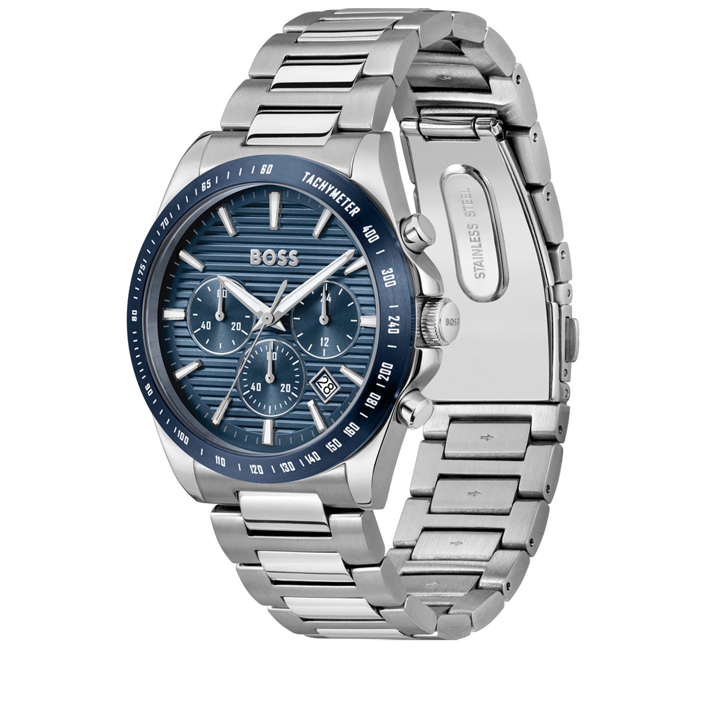 Chronograph-Armbanduhr, blaues Zifferblatt, Edelstahlgehäuse und Armband