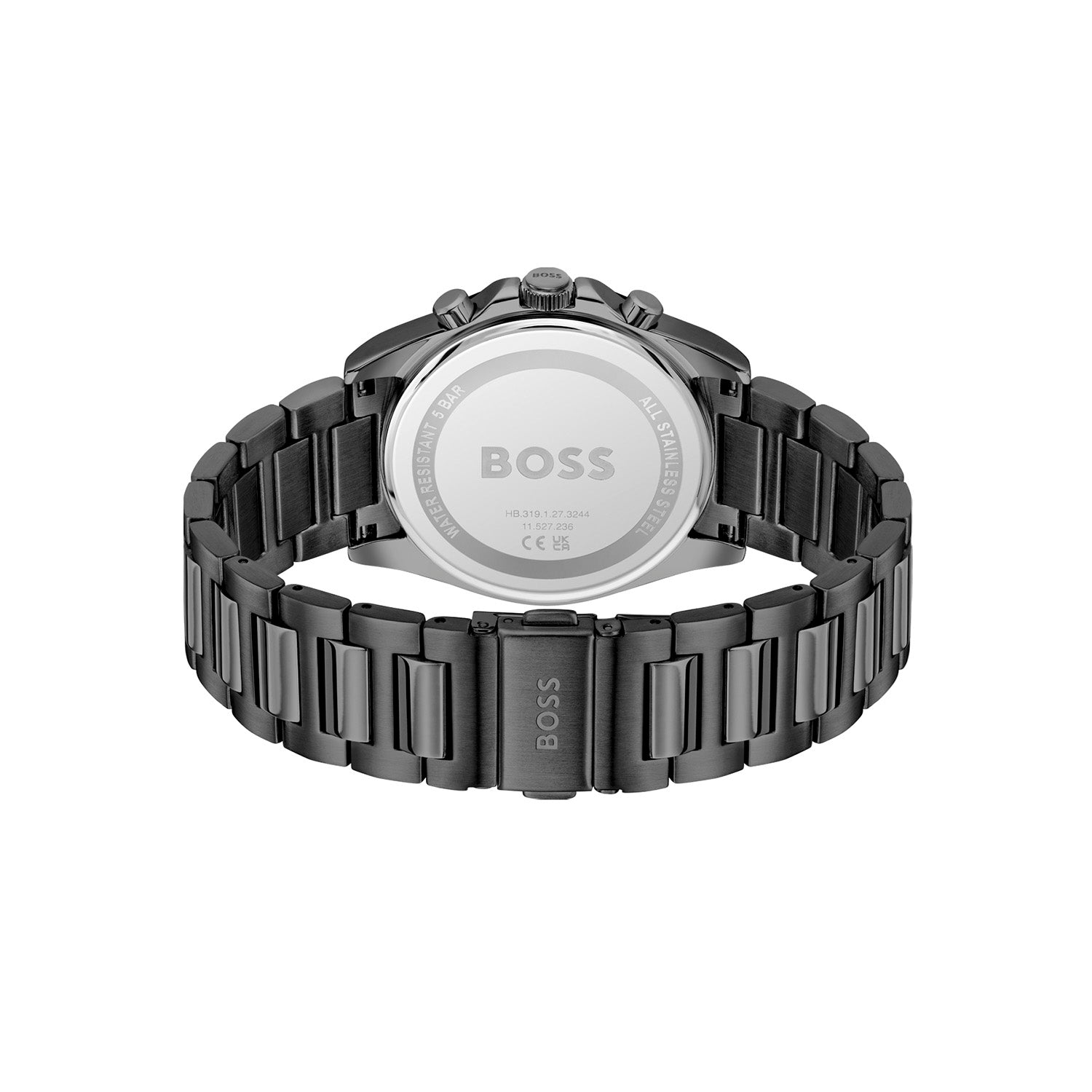 Rückseite der Herren-Armbanduhr: schwarzes Edelstahlarmband, silbernes Gehäuse