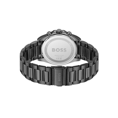 Rückseite der Herren-Armbanduhr: schwarzes Edelstahlarmband, silbernes Gehäuse