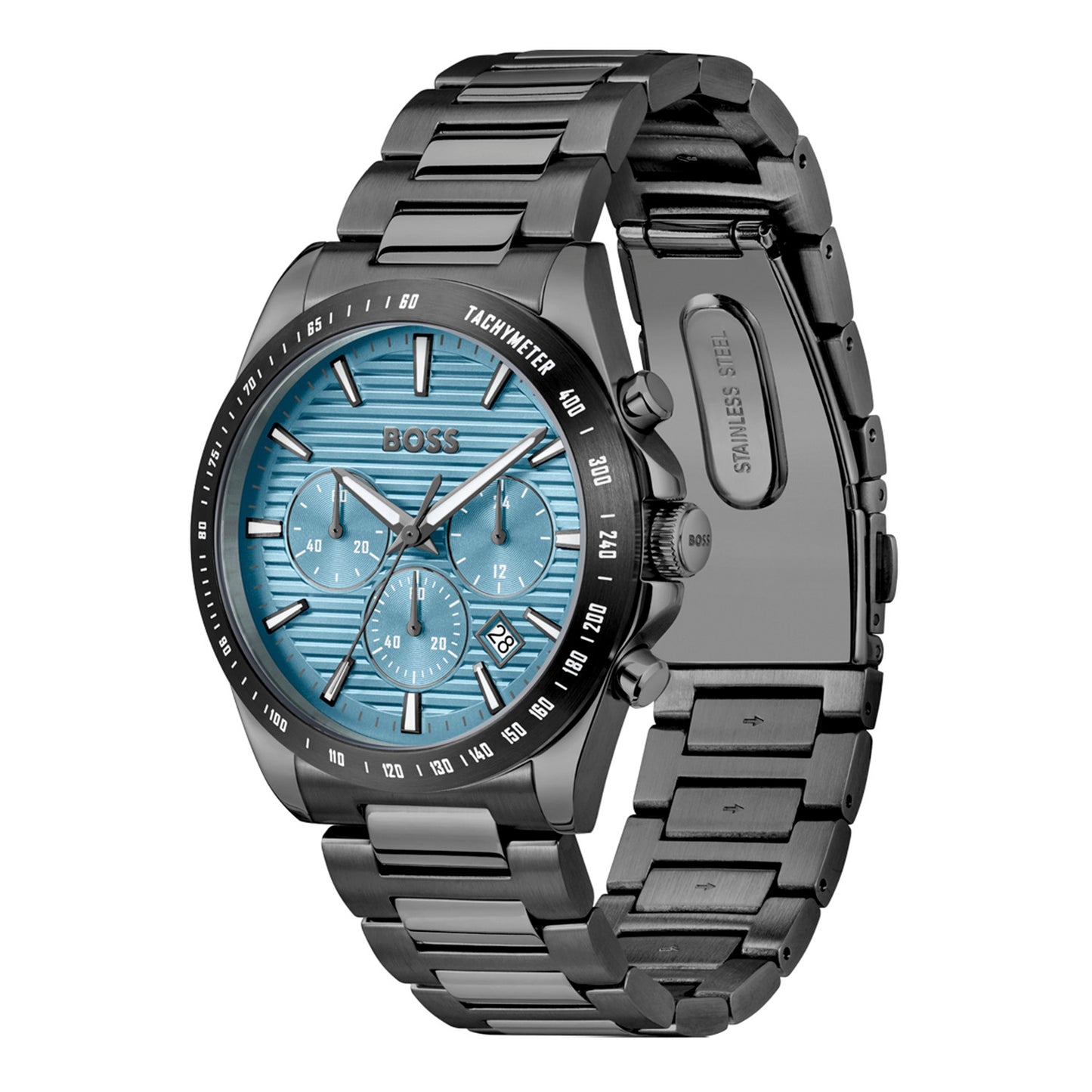 Herren-Quarz-Chronograph mit türkisfarbenem Zifferblatt und schwarzem Edelstahlgehäuse