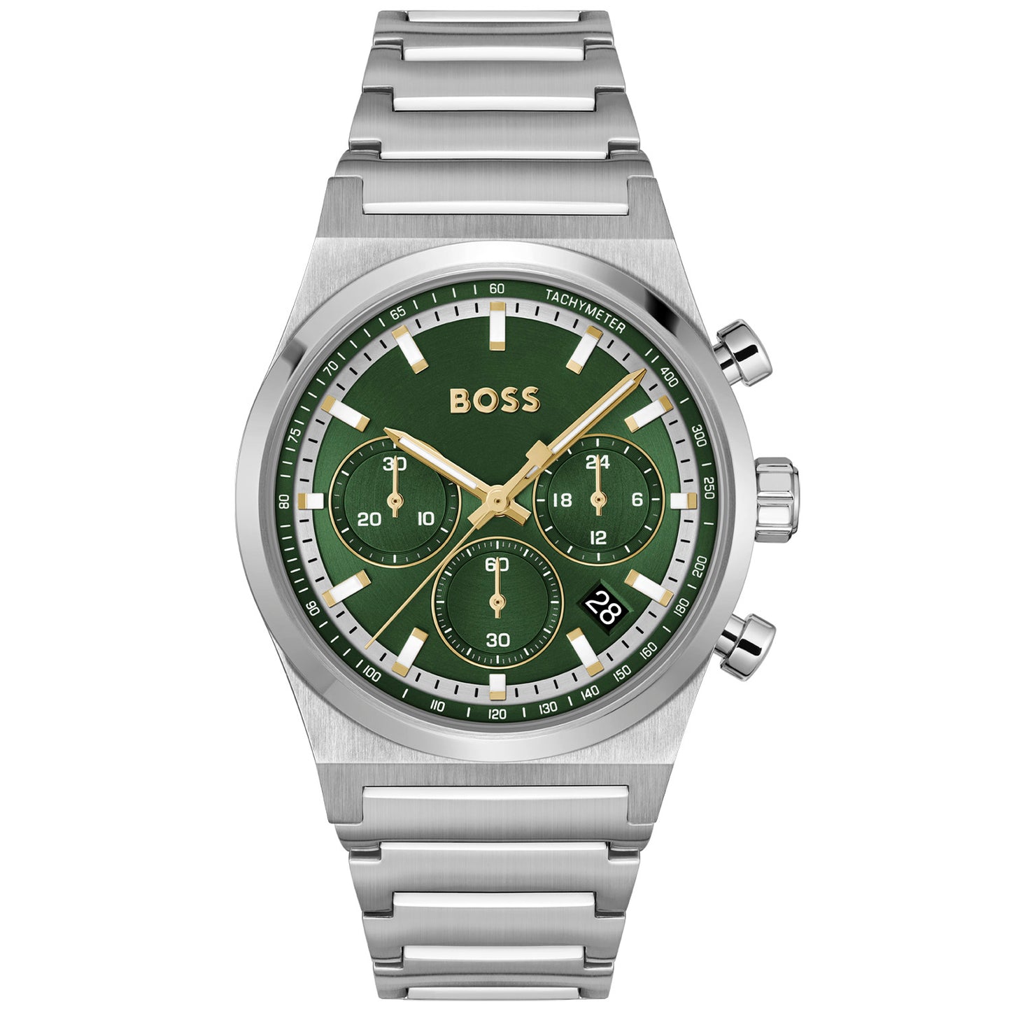 Herrenarmbanduhr von BOSS mit grünem Zifferblatt, Chronograph und Edelstahlarmband
