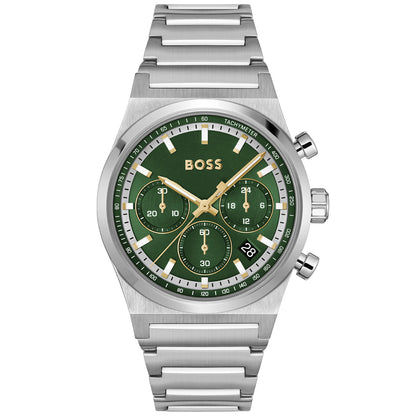 Herrenarmbanduhr von BOSS mit grünem Zifferblatt, Chronograph und Edelstahlarmband