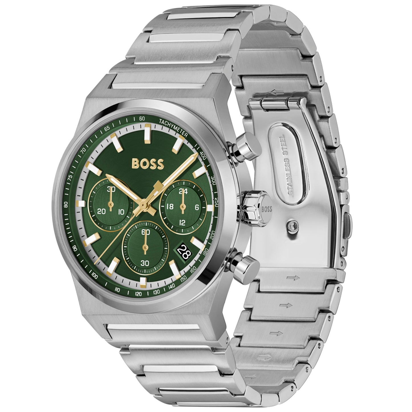 BOSS Chronograph-Armbanduhr mit grünem Zifferblatt, Edelstahlgehäuse und Armband