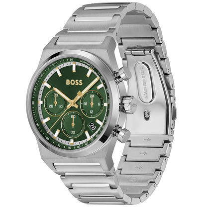 BOSS Chronograph-Armbanduhr mit grünem Zifferblatt, Edelstahlgehäuse und Armband