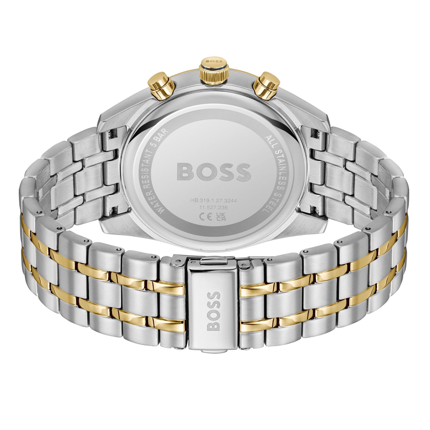 Rückseite der Herren-Armbanduhr mit Sichtboden und gold-silbernem Edelstahlarmband