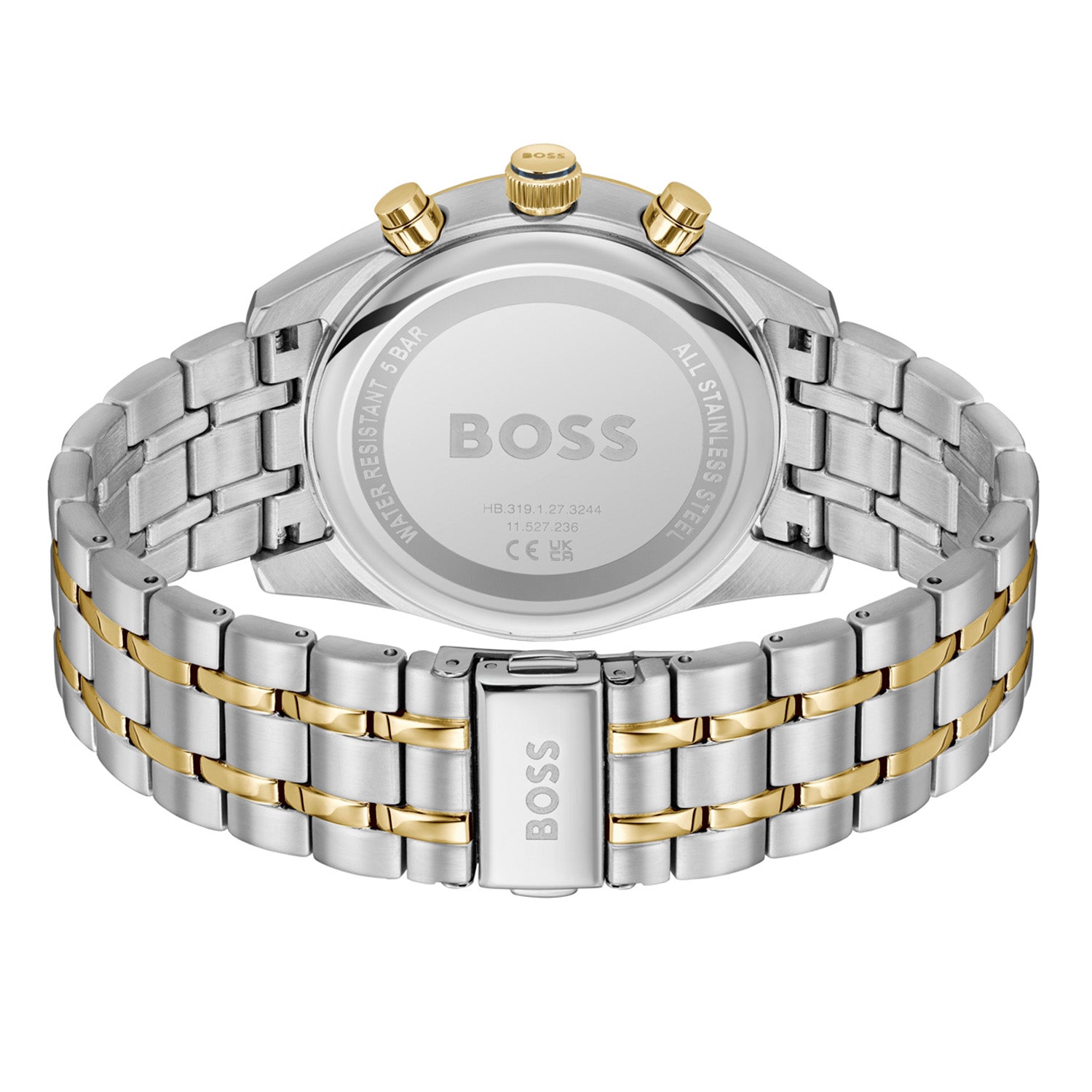 Rückseite der Herren-Armbanduhr mit Sichtboden und gold-silbernem Edelstahlarmband