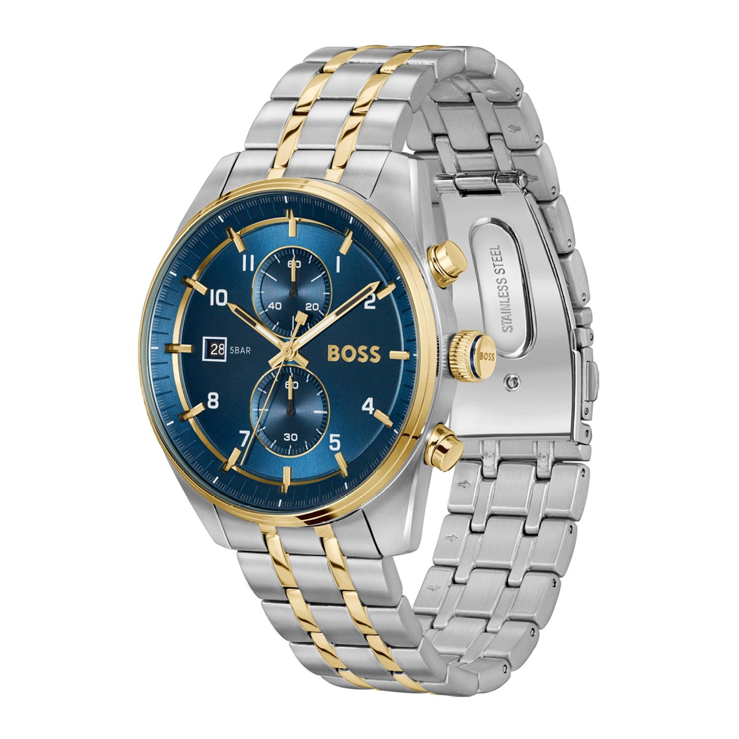 Herren-Armbanduhr mit blauem Chronographenzifferblatt und gold-silbernem Edelstahlband