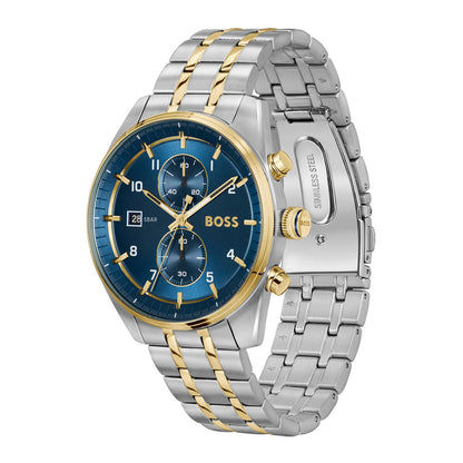 Herren-Armbanduhr mit blauem Chronographenzifferblatt und gold-silbernem Edelstahlband