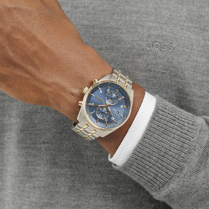 Herren-Armbanduhr: blaues Chronographenzifferblatt, bicolores Edelstahlarmband