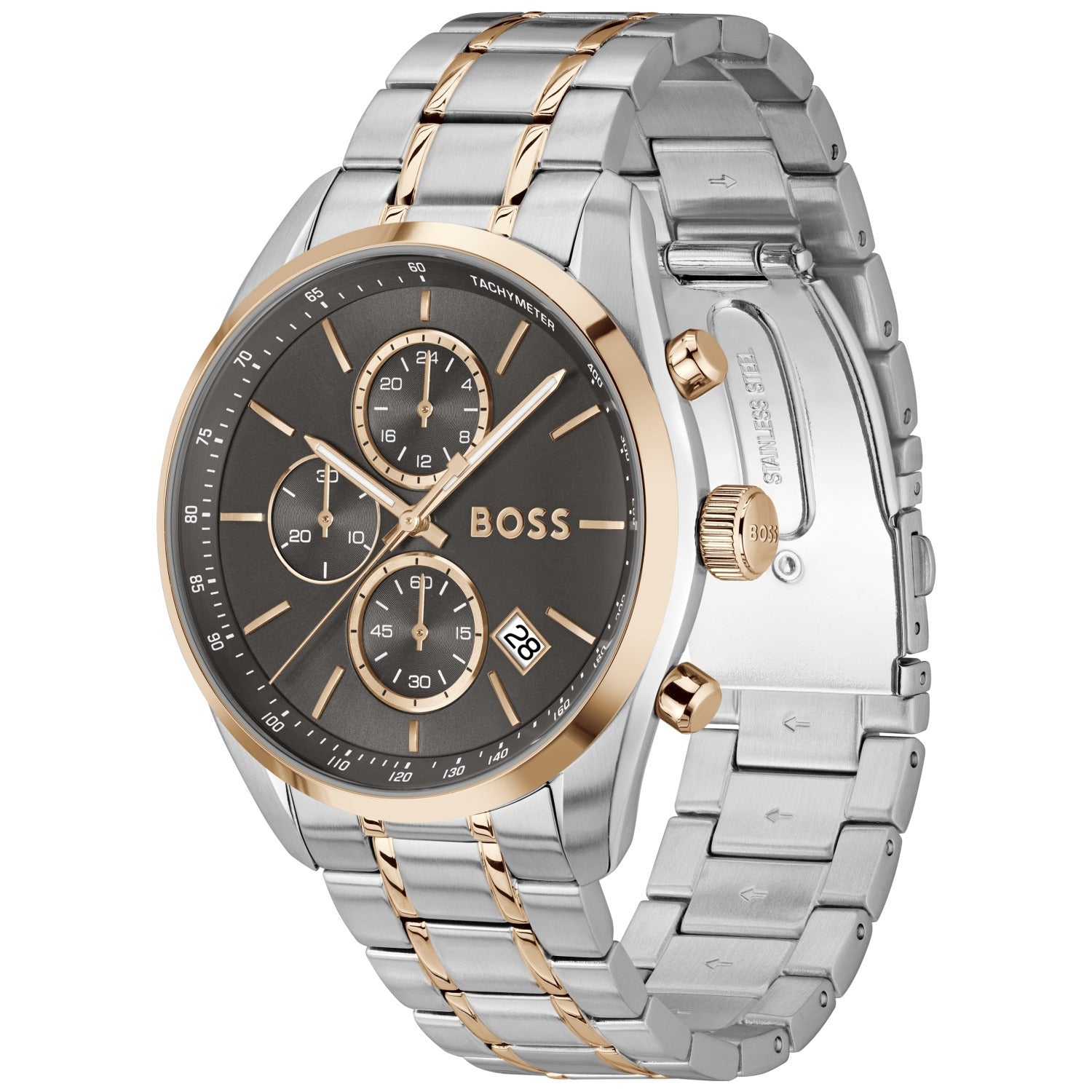 BOSS Grand Prix 1514252 Herren Armbanduhr Grau • Chronograph mit Tachymeter • Zweifarbiges Edelstahlarmband, Bild 2