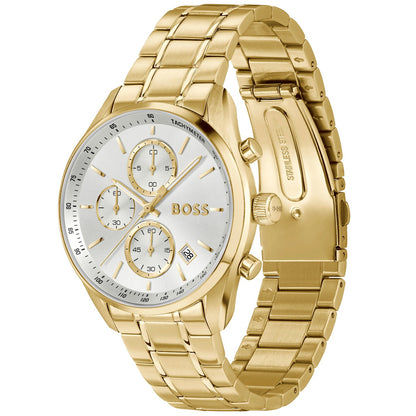 Herrenarmbanduhr BOSS: goldene Armbandglieder, weißes Chronograph-Zifferblatt mit Datum