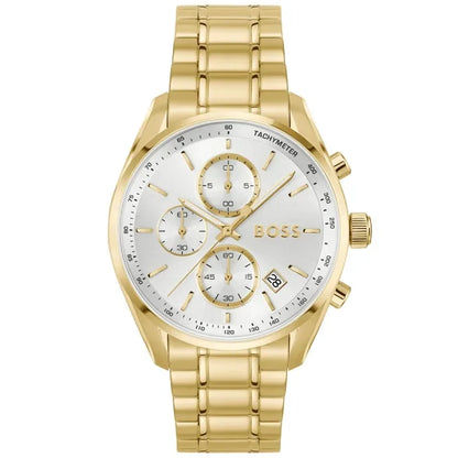 Goldene Herrenarmbanduhr mit Chronograph, Quarzwerk und Datumsanzeige, silbernes Zifferblatt.