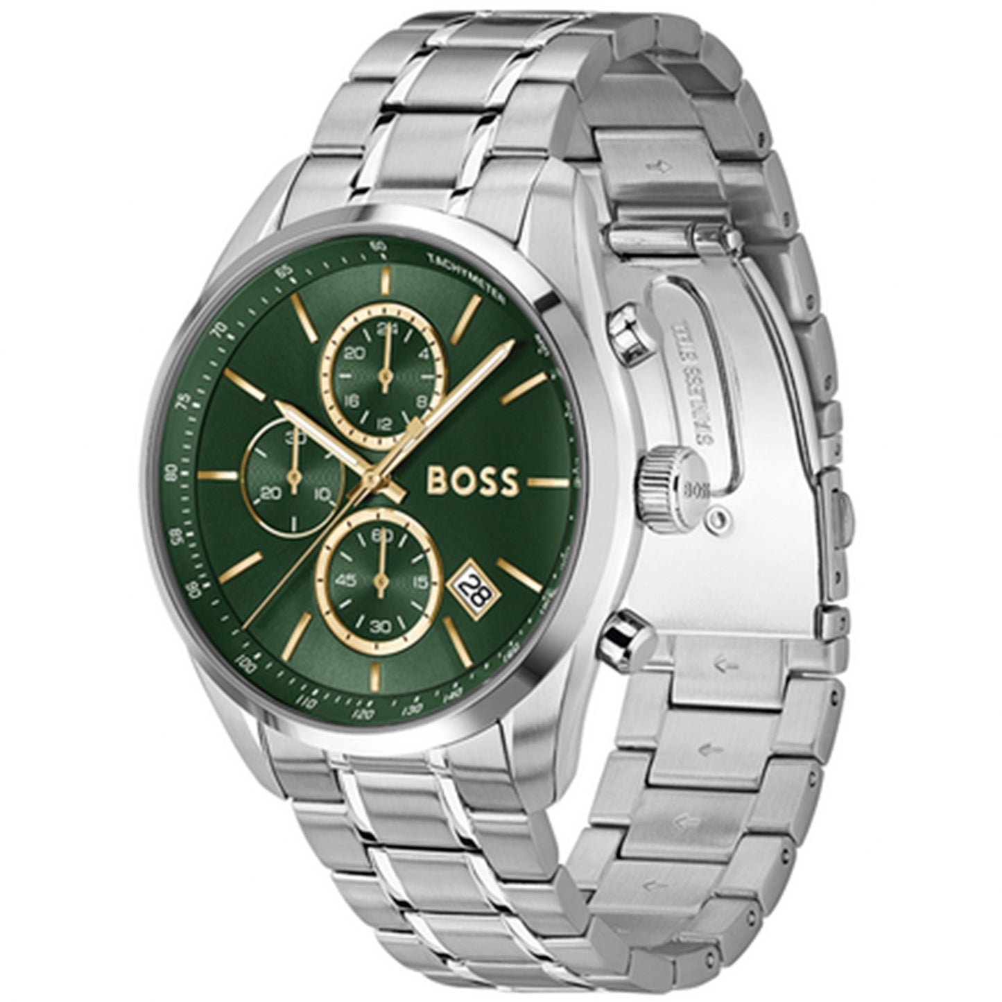 BOSS Herrenarmbanduhr mit grünem Chronographenziffernblatt und Edelstahlarmband