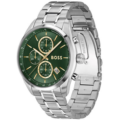 BOSS Herrenarmbanduhr mit grünem Chronographenziffernblatt und Edelstahlarmband