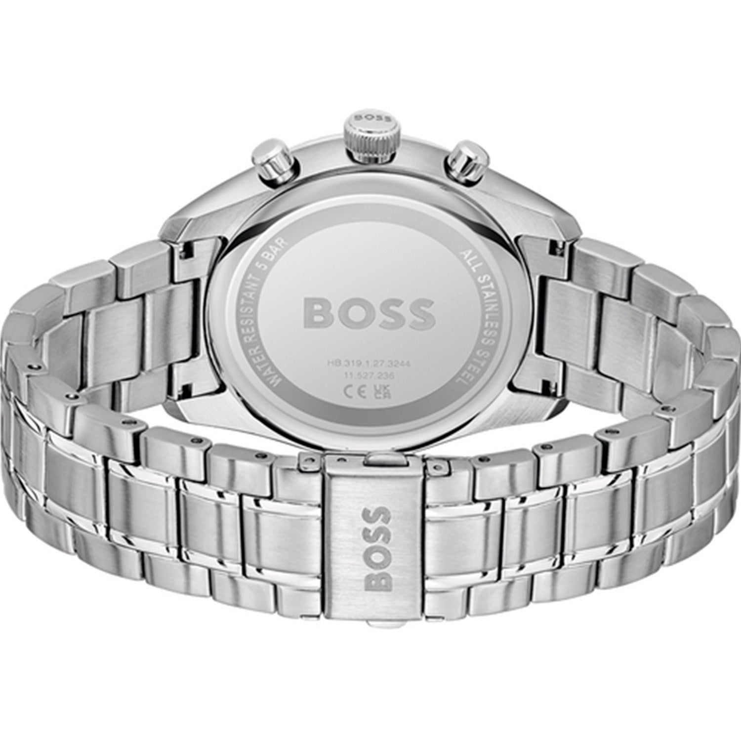 Rückseite einer BOSS Herrenarmbanduhr mit Edelstahlarmband und verschraubtem Gehäuse