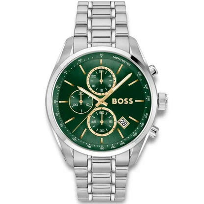 BOSS Herrenarmbanduhr mit grünem Zifferblatt, Edelstahlband und Tachymeter-Umrandung