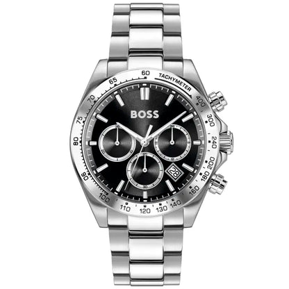 Herrenarmbanduhr mit schwarzem Chronograph-Zifferblatt, Tachymeter, Edelstahlarmband