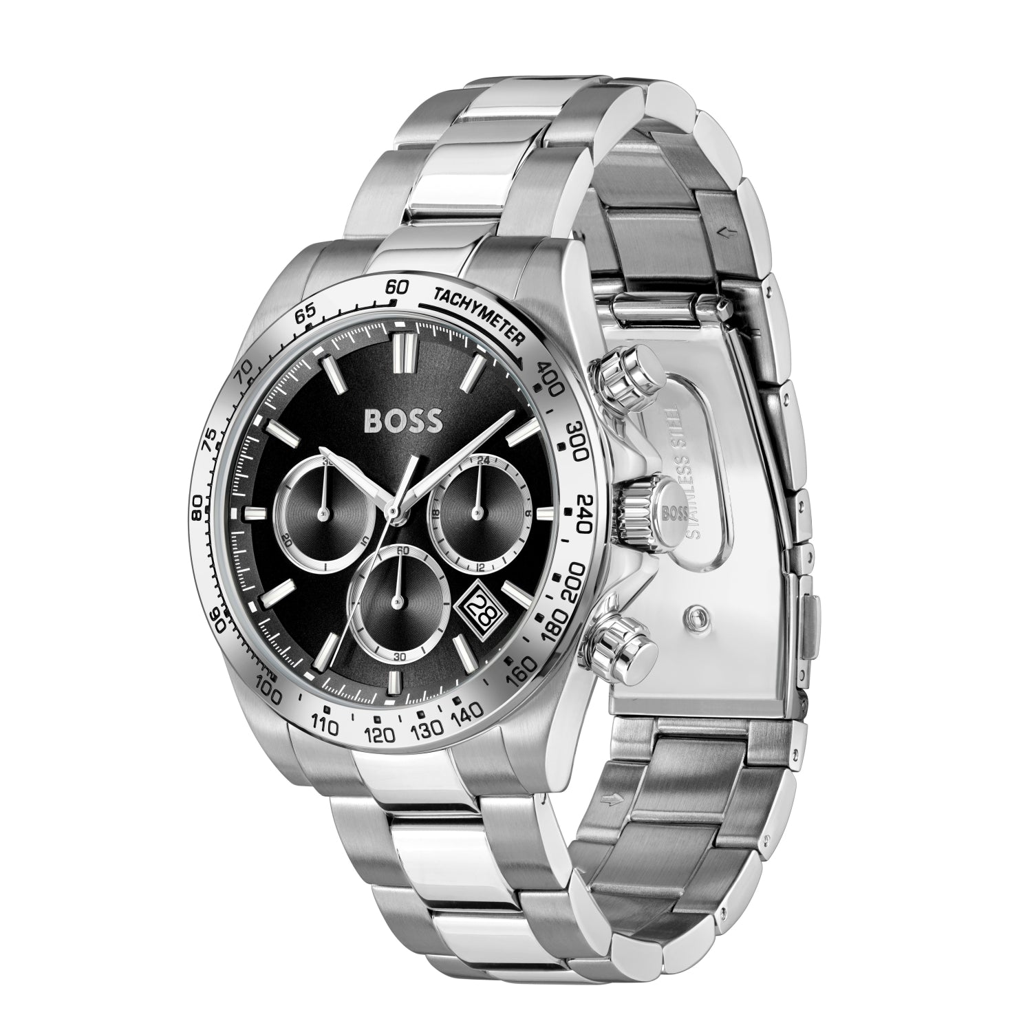 Herrenarmbanduhr BOSS Chronograph mit schwarzem Zifferblatt, Tachymeter und Edelstahlband