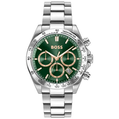 BOSS Herren-Chronographenuhr mit grünem Zifferblatt, Edelstahlarmband und Datum