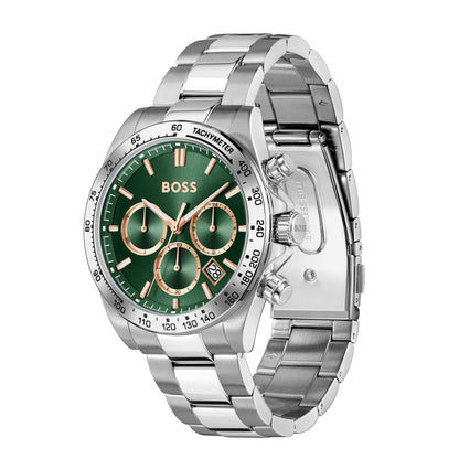 Sportliche Herrenuhr mit grünem Zifferblatt, drei Chrono-Subdials und Edelstahlarmband