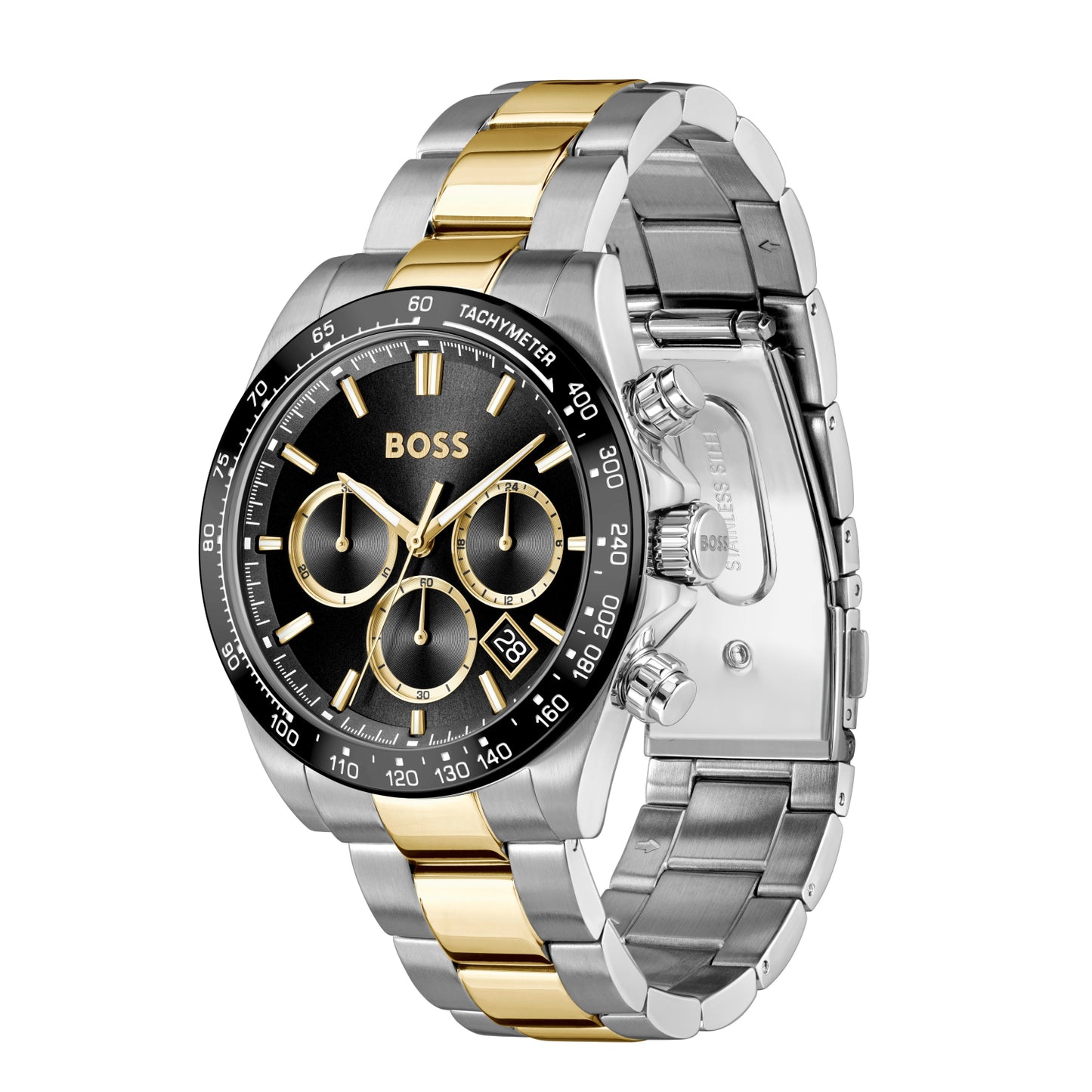 BOSS Chronographen-Armbanduhr mit schwarzer Lünette, Tachymeterskala und zweifarbigem Band